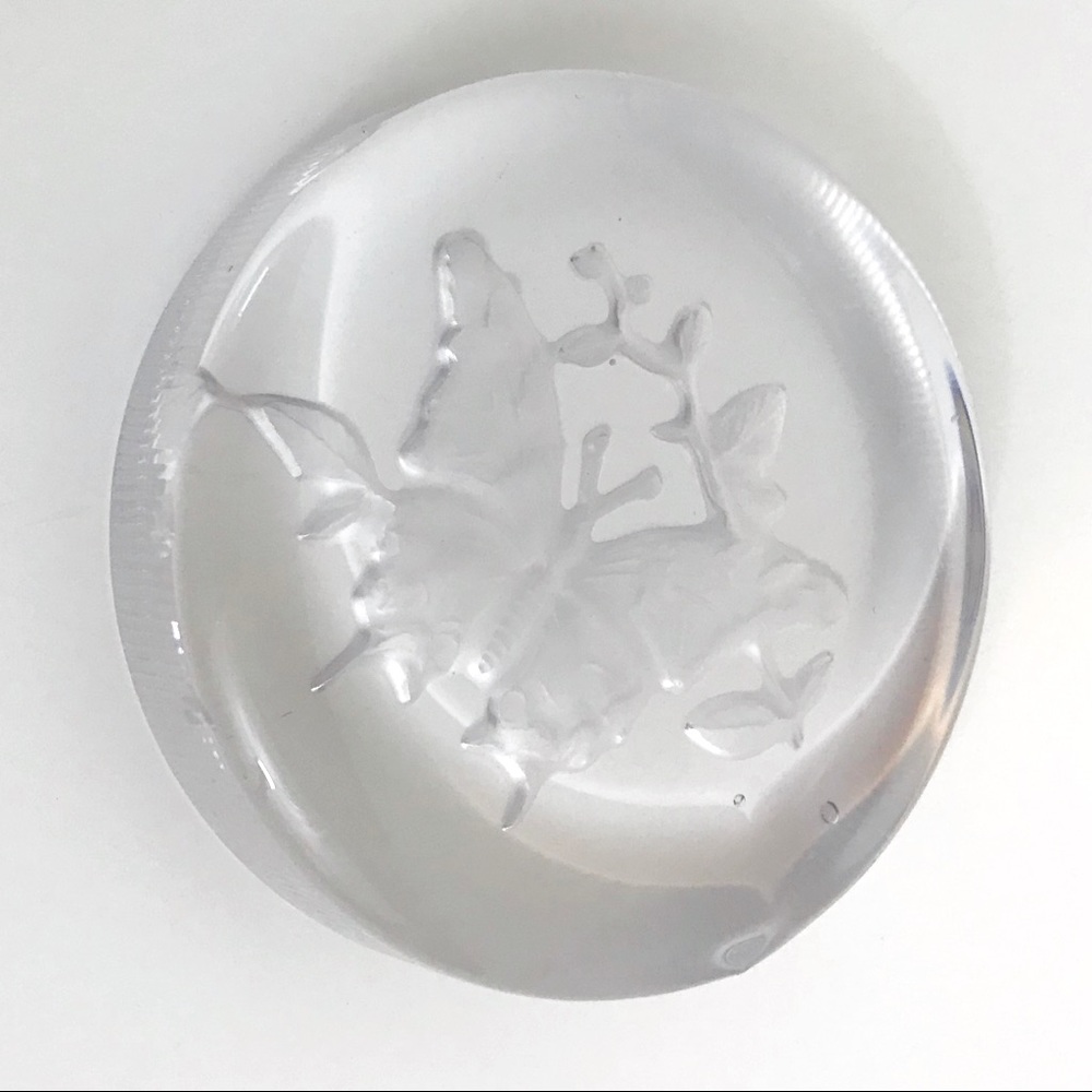 Vintage Art Glass Embossed Butterfly Round Flat Paperweight Clear.